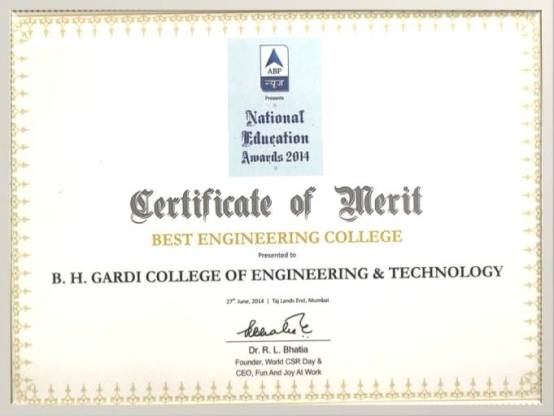 B.H. Gardi College of Engineering and Technology Honored the Best College National Education Award 2014 by ABP News Channel